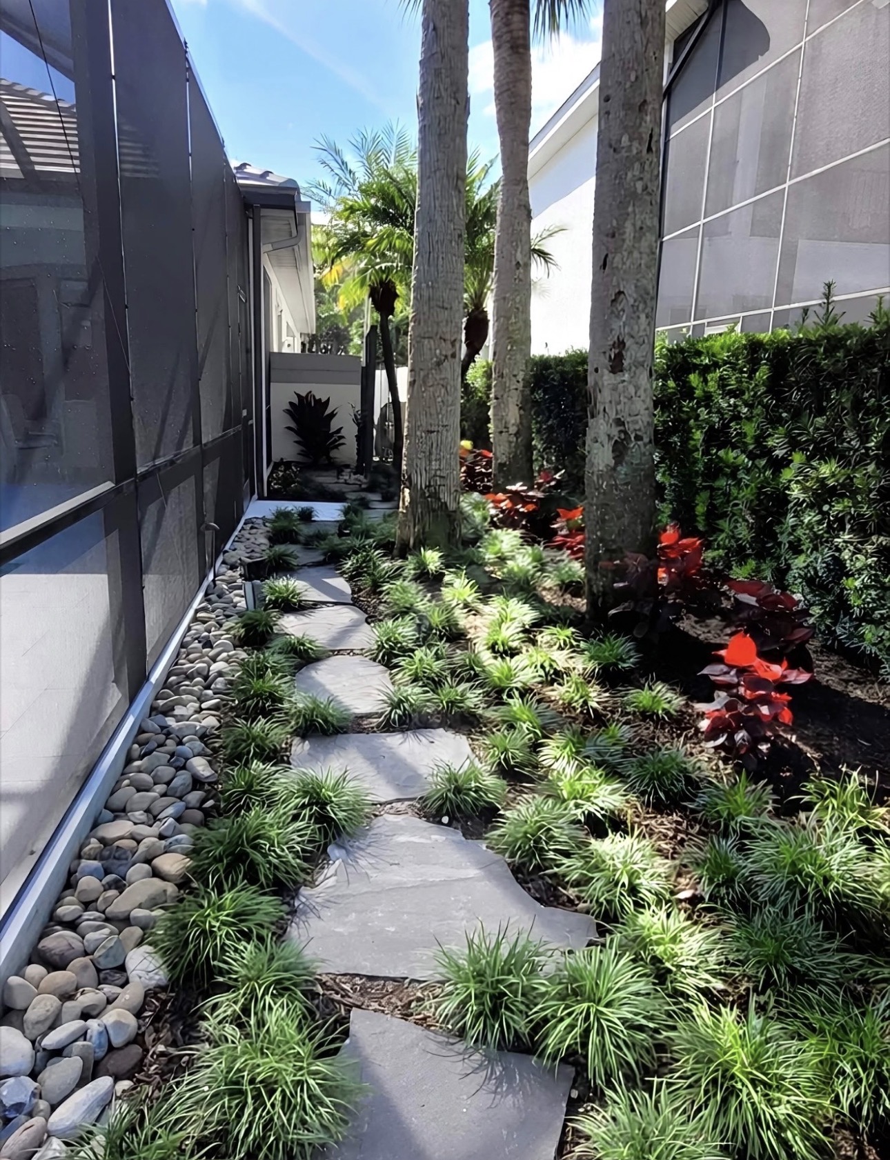 Same side yard transformed into a functional outdoor space with stone path and planting