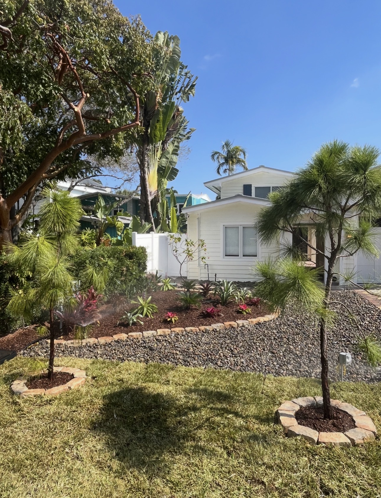 Same front yard after complete landscape installation with trees, tropical plantings, rock, and defined beds