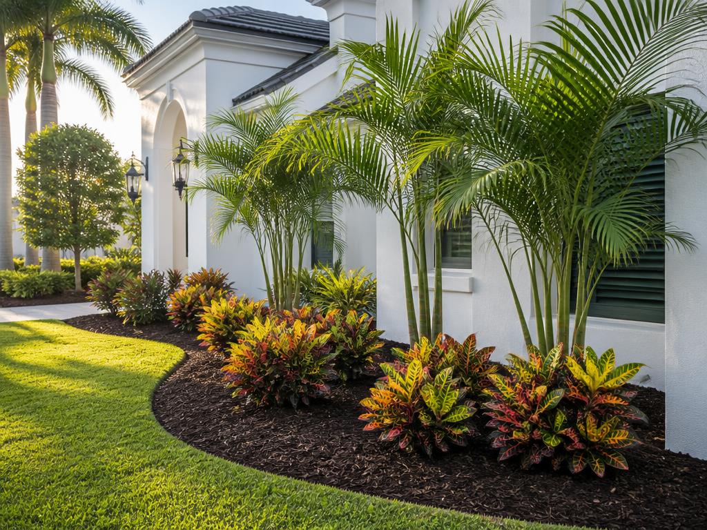 Freshly mulched tropical planting beds with crisp edging along a white stucco home