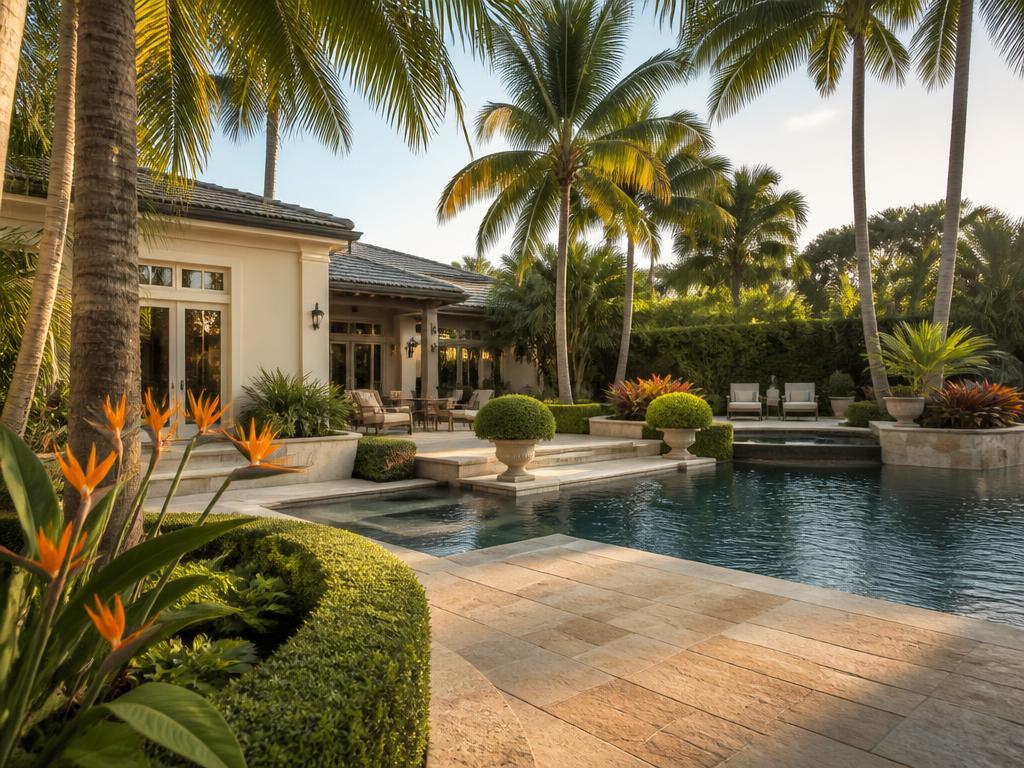 Tropical pool deck with sculpted hedges, bird of paradise, and palms