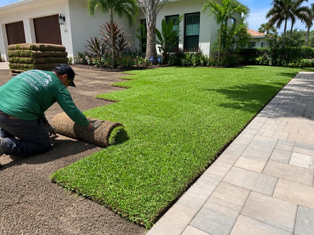 Fresh St. Augustine sod being installed on a graded front yard