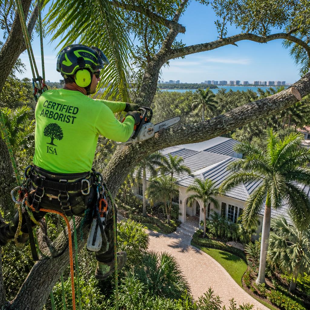 Tree crew performing precision tree trimming above a South Florida property